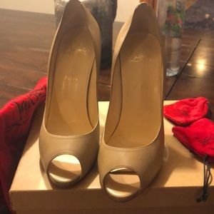Tan peep toe red bottoms